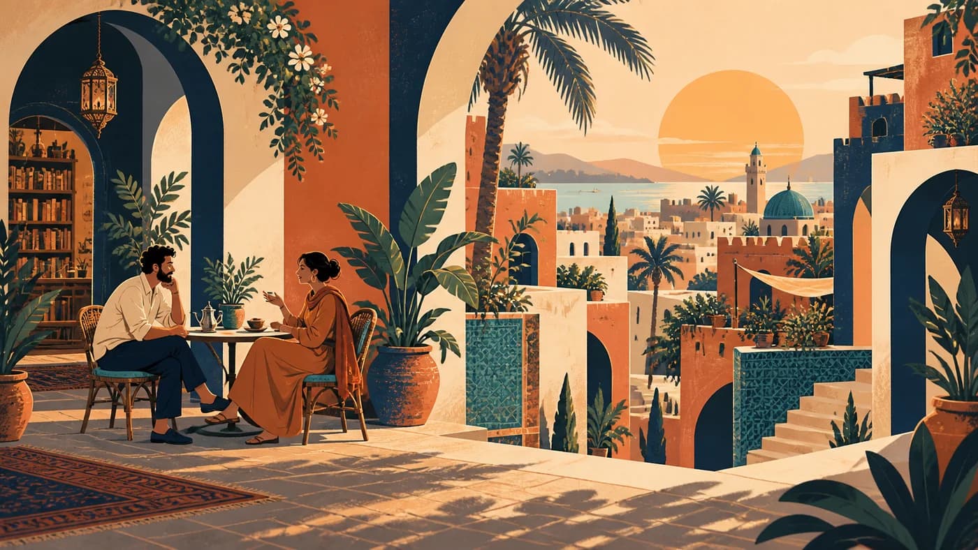 An illustrated neighborhood with warm archways, palms and two people talking at a café